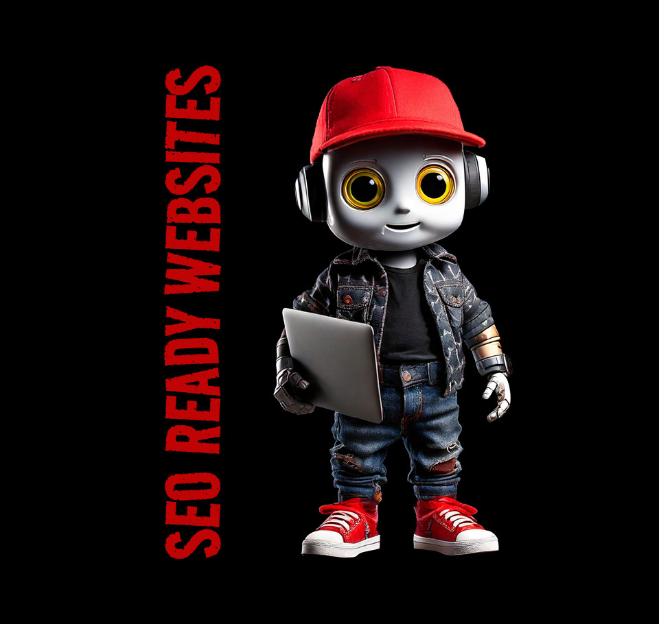 Illustration of a kid-sized robot holding a laptop, representing SEO services