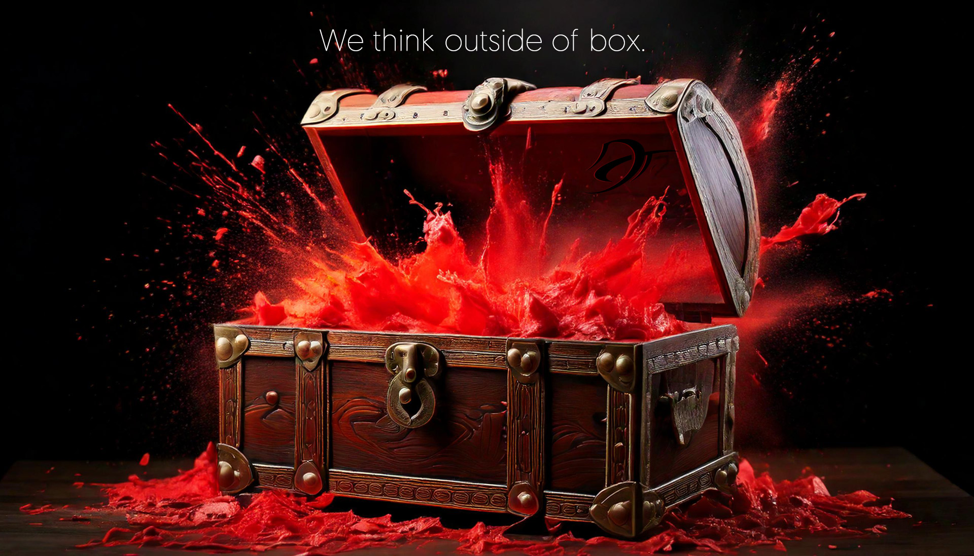 Illustrated open treasure chest with red powder exploding outward and the tagline "We think outside the box," representing DT Creative Studio's creative approach to custom web design in Toronto