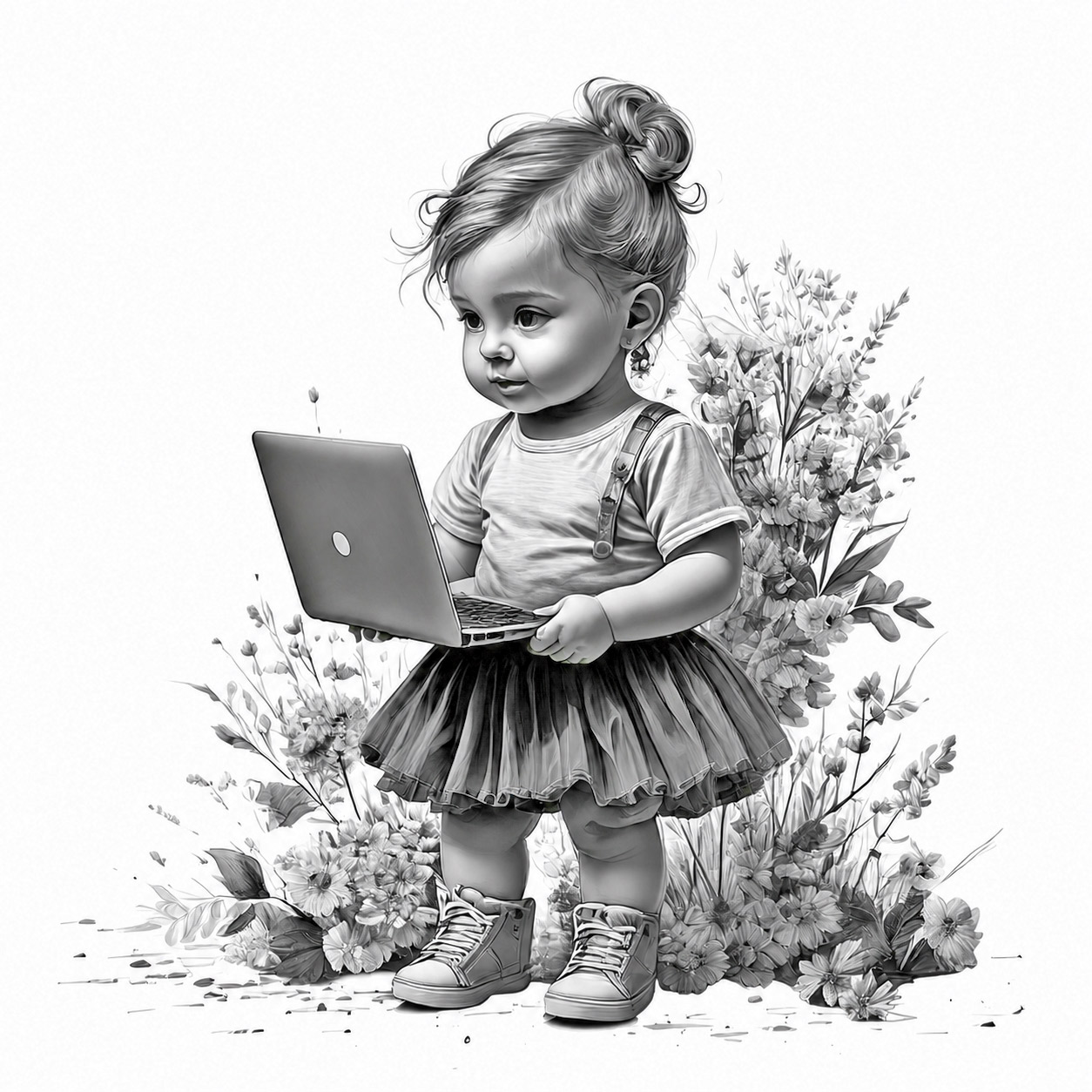 Black and white illustration of a young girl holding a laptop, representing creative web design services from a Toronto web design company