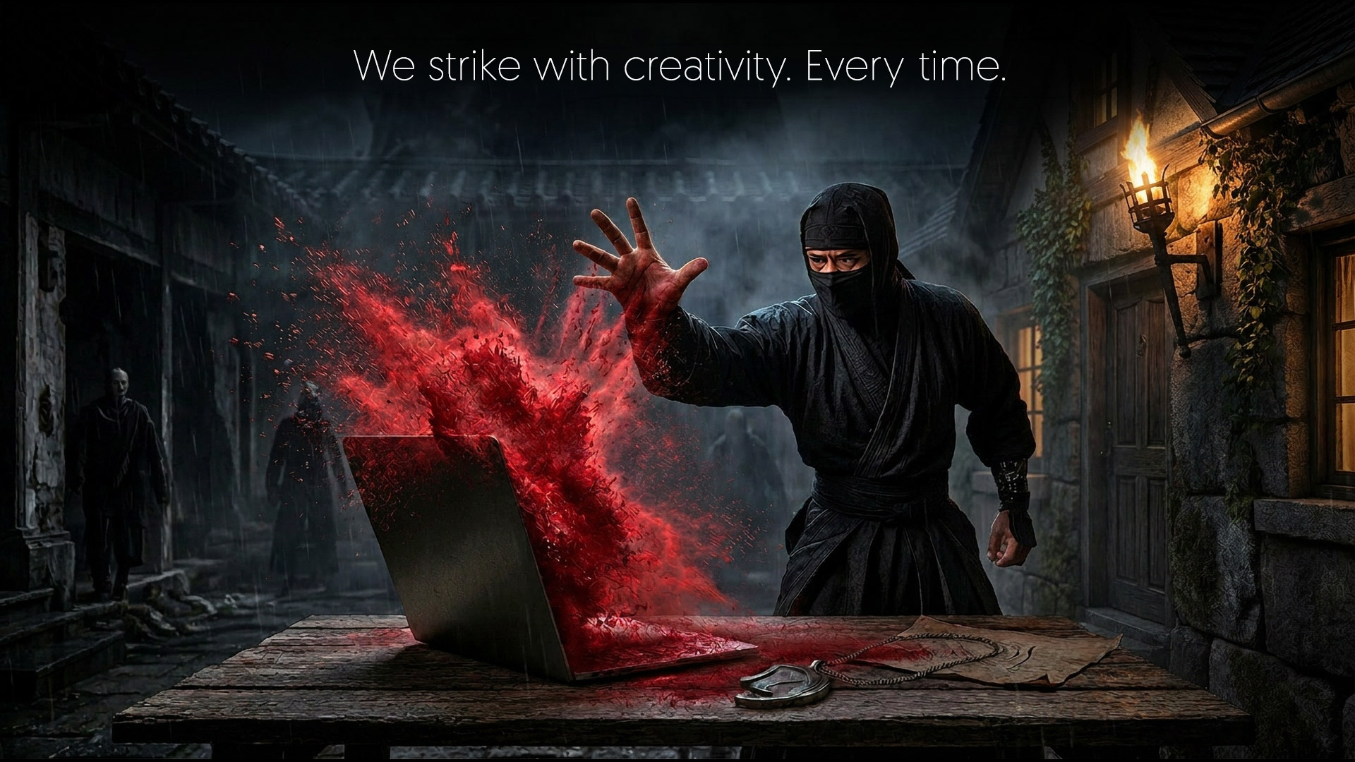 Illustrated ninja throwing red dust at a laptop with the tagline "We strike with creativity every time," representing DT Creative Studio's custom web design services in Toronto