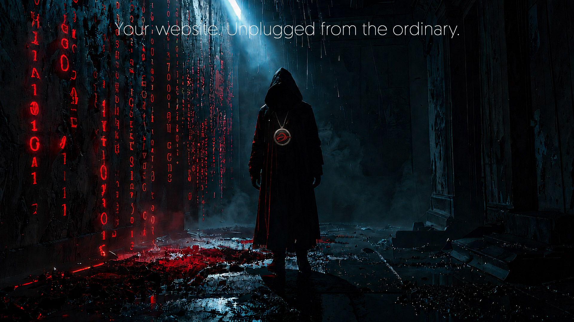 Cinematic hooded figure standing on dark street with red digital code — web design services Toronto