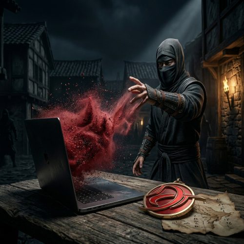 Illustrated ninja character throwing red creative energy at a laptop, reflecting DT Creative Studio's approach to custom web design in Toronto